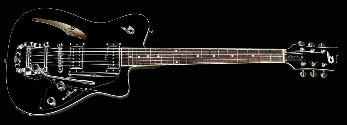 Duesenberg Caribou guitar in sleek black finish, featuring a distinctive chambered body, elegant hardware, and signature Duesenberg craftsmanship.