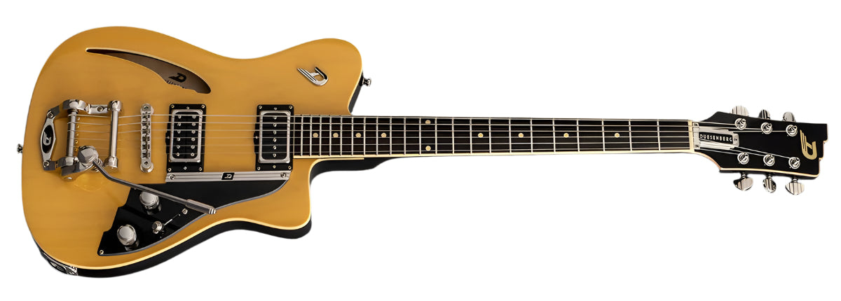 Duesenberg Caribou guitar in Butterscotch finish, featuring its distinctive chambered body, elegant hardware, and signature Duesenberg styling.