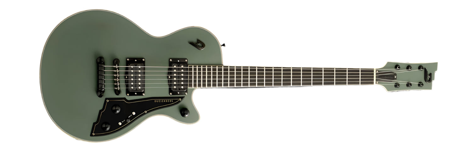 A Duesenberg Fantom A electric guitar with a sleek matte green finish, featuring a solid body design. The guitar is equipped with dual humbucker pickups, a black pickguard adorned with the Duesenberg logo, chrome hardware, and a three-way switch. The headstock matches the matte green finish, displaying the iconic Duesenberg logo, and has six chrome tuning pegs, showcasing modern elegance and premium craftsmanship.