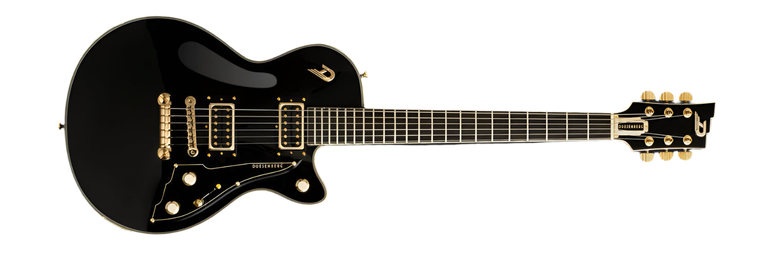 Duesenberg Fantom A electric guitar in a glossy black finish, featuring a stop tailpiece and elegant gold hardware. Highlights include dual humbucker pickups, sleek control knobs, and the iconic Duesenberg logo on the headstock. Designed with premium craftsmanship, this guitar delivers a sophisticated style and exceptional performance.