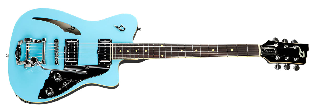 Duesenberg The Caribou electric guitar in Narvik Blue finish. The solid body showcases a bright, eye-catching blue hue, contrasted with chrome and black components for a refined aesthetic. Equipped with dual humbucker pickups, a signature tremolo system, and multiple control knobs, it delivers exceptional tonal versatility.