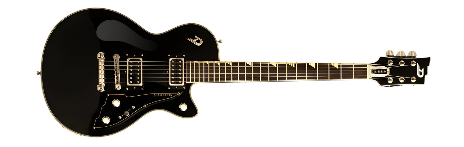 A Duesenberg electric guitar in a black finish with elegant gold accents. Featuring a solid body design, two humbucker pickups, a bridge, and a tailpiece. The headstock is adorned with six tuning pegs and the iconic Duesenberg brand name, while the fretboard showcases unique inlays. Control knobs and switches on the body emphasize premium craftsmanship and attention to detail.