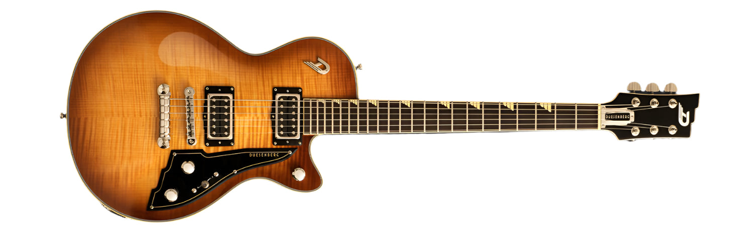A Duesenberg electric guitar with a sunburst finish, featuring a striking flame maple top and a solid body design. The guitar includes two humbucker pickups, a tune-o-matic bridge, and a stop tailpiece for enhanced performance. The headstock showcases the iconic 'Duesenberg' logo and triangular inlays on the fretboard, highlighting its premium craftsmanship.