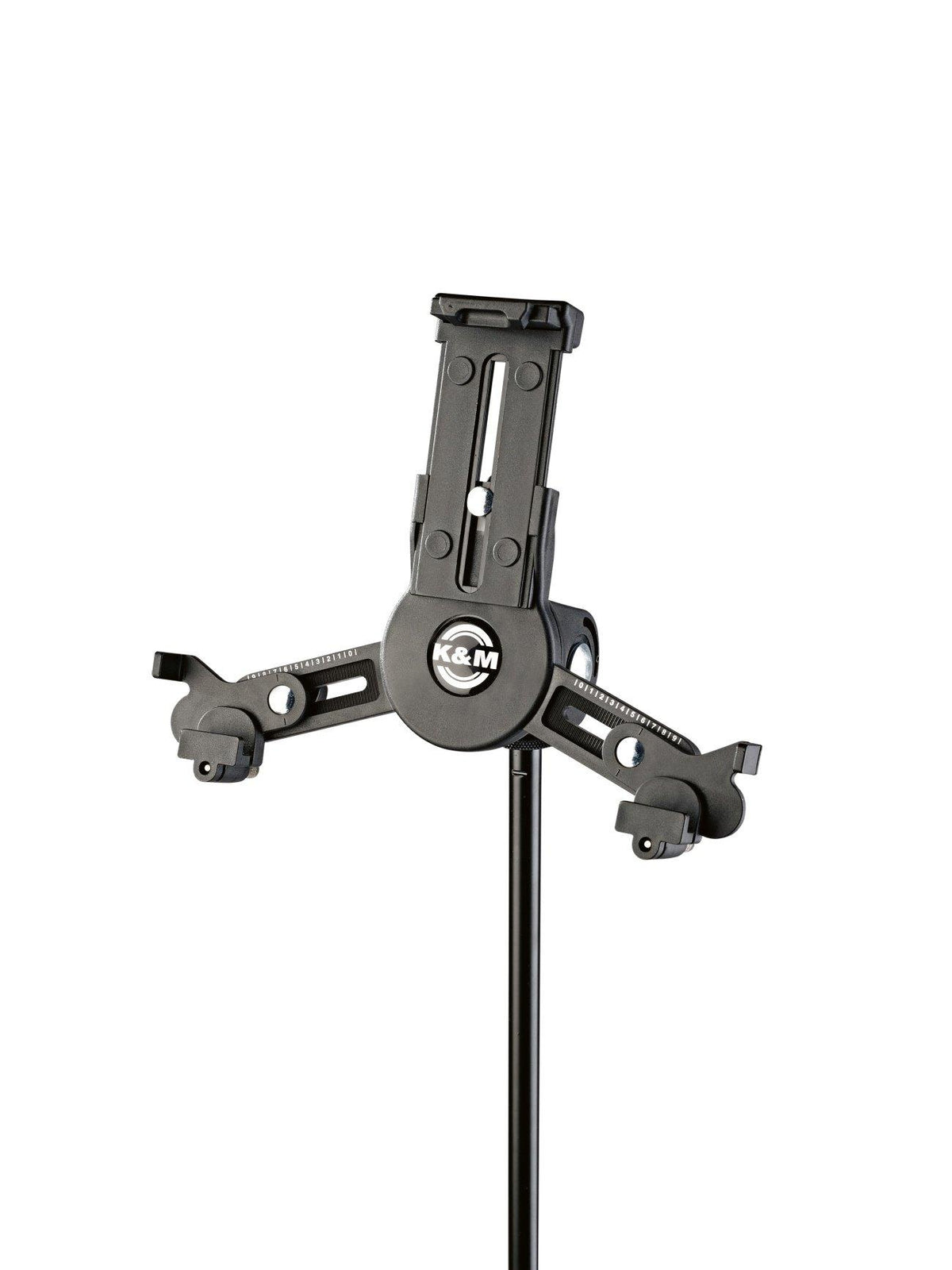 K&M 19795-BLACK — Universal Tablet Holder with Microphone Stand Mount — product view