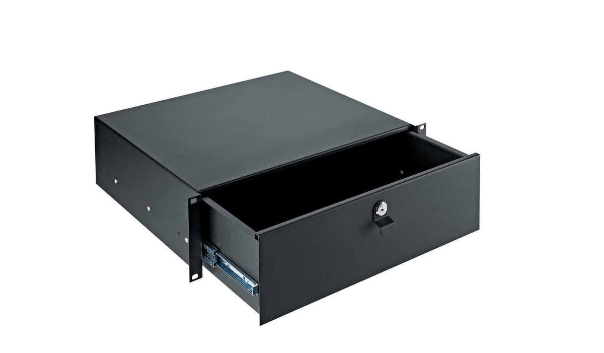 K&M 49123-BLACK — 3U Sliding Steel Rack Drawer with Lock & 390mm Depth — product view