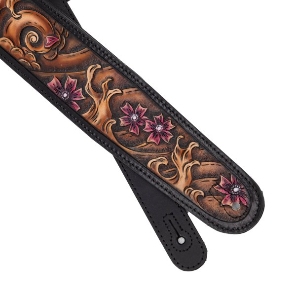 Profile - 2.5" Leather Strap with Brown Wave and Cherry Blossom Pattern, Black