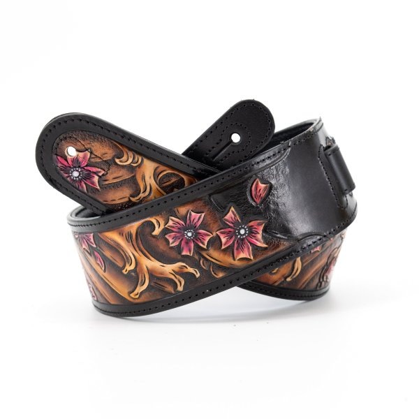 Profile - 2.5" Leather Strap with Brown Wave and Cherry Blossom Pattern, Black