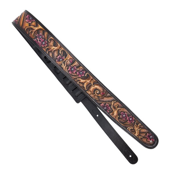 Profile - 2.5" Leather Strap with Brown Wave and Cherry Blossom Pattern, Black