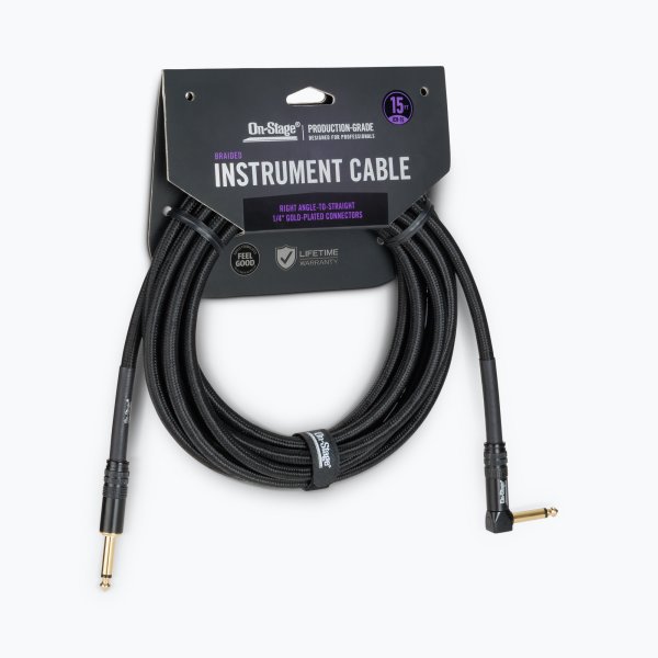 On-Stage OSPRO-ICR-15 - Braided Instrument Cable with Gold-Plated Connectors, Double-Shielded Copper and Right-Angle to Straight Connectors, 15 ft
