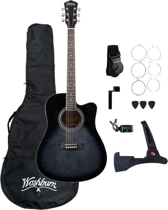 Washburn - Okoume Body Dreadnought Acoustic / Electric Guitar Pack With Built-In Tuner, Transparent Black Burst