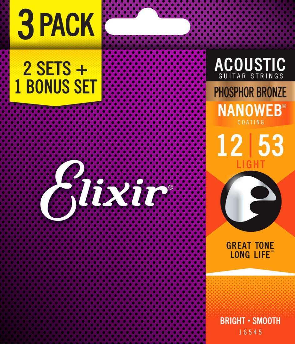 Elixir - Nanoweb Phosphor Bronze 12/53 - 3 Pack (2 Sets + 1 bonus set) - La Boîte Musicale - Electric Guitar Strings - Elixir - 