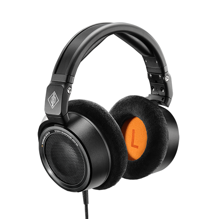 A pair of Neumann NDH 30 Black Edition headphones featuring a view of the sleek orange interior